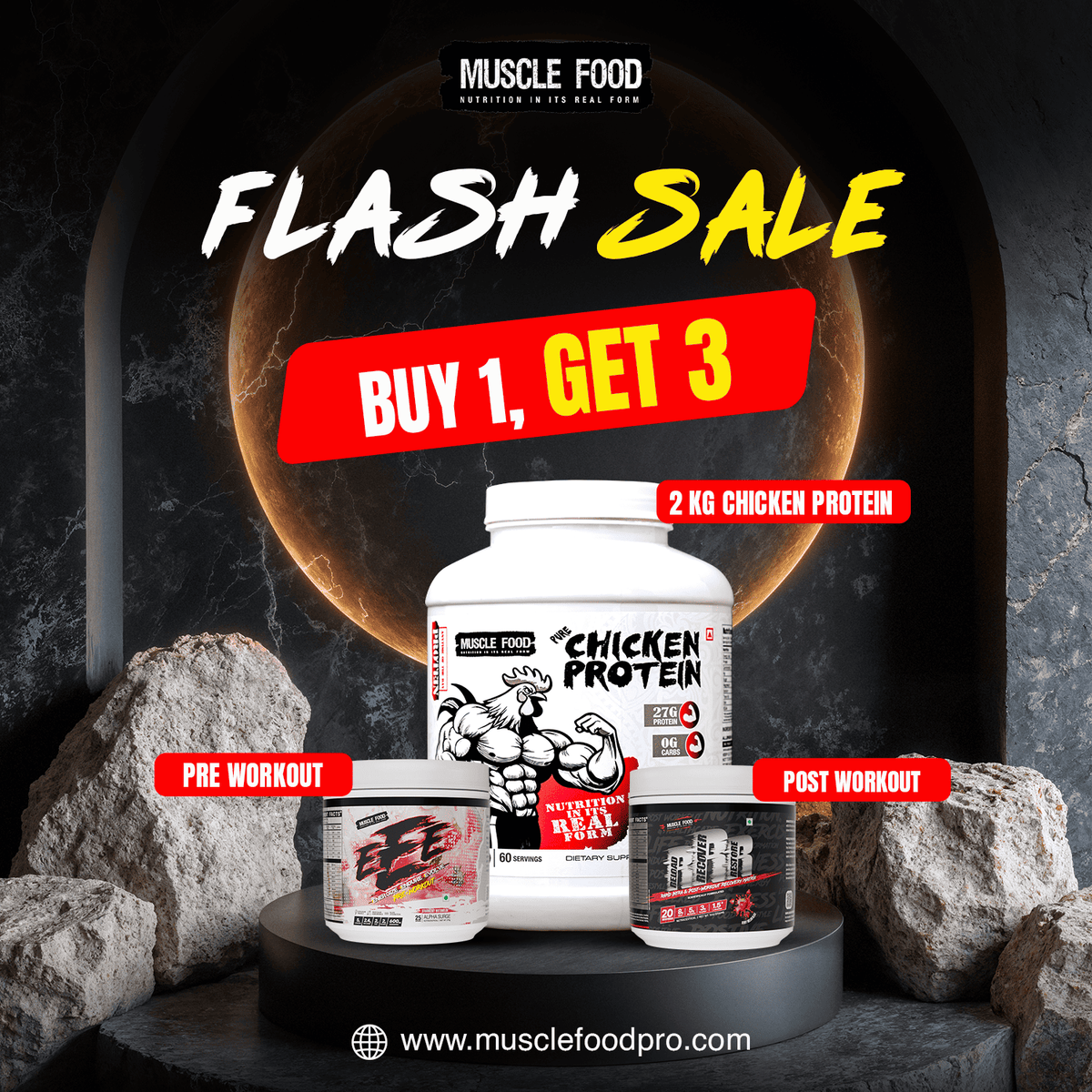 BUY 1, GET 3 - Chicken Protein (2 Kg) + EEE Pre-Workout + RRR Post Workout